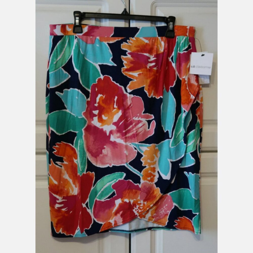 LIZ CLAIBORNE Multi-Color Faux Wrap Skirt Tropical Pullon Stretch Waist Medium